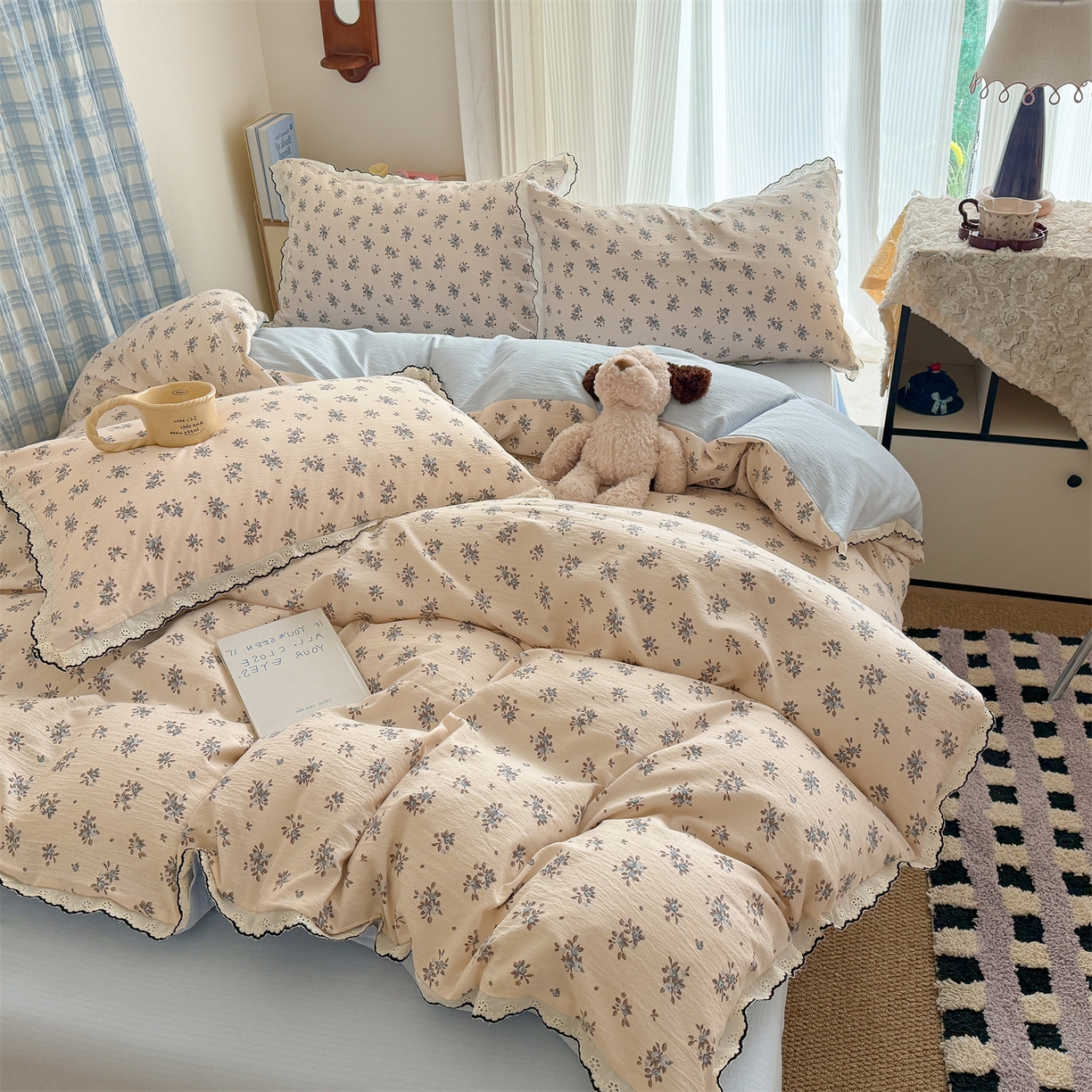 91家纺网 家纺一手货源 找家纺 （总）温眠家纺 2026新款针织提花双层纱全棉蕾丝花边四件套