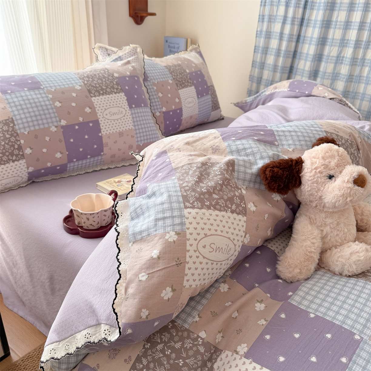 91家纺网 家纺一手货源 找家纺 温眠家纺 2026新款针织提花双层纱全棉蕾丝花边四件套 花田紫