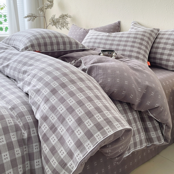 91家纺网 家纺一手货源 找家纺 春皖家纺 2026新款提花双层纱纯棉全棉四件套 思柔-烟灰