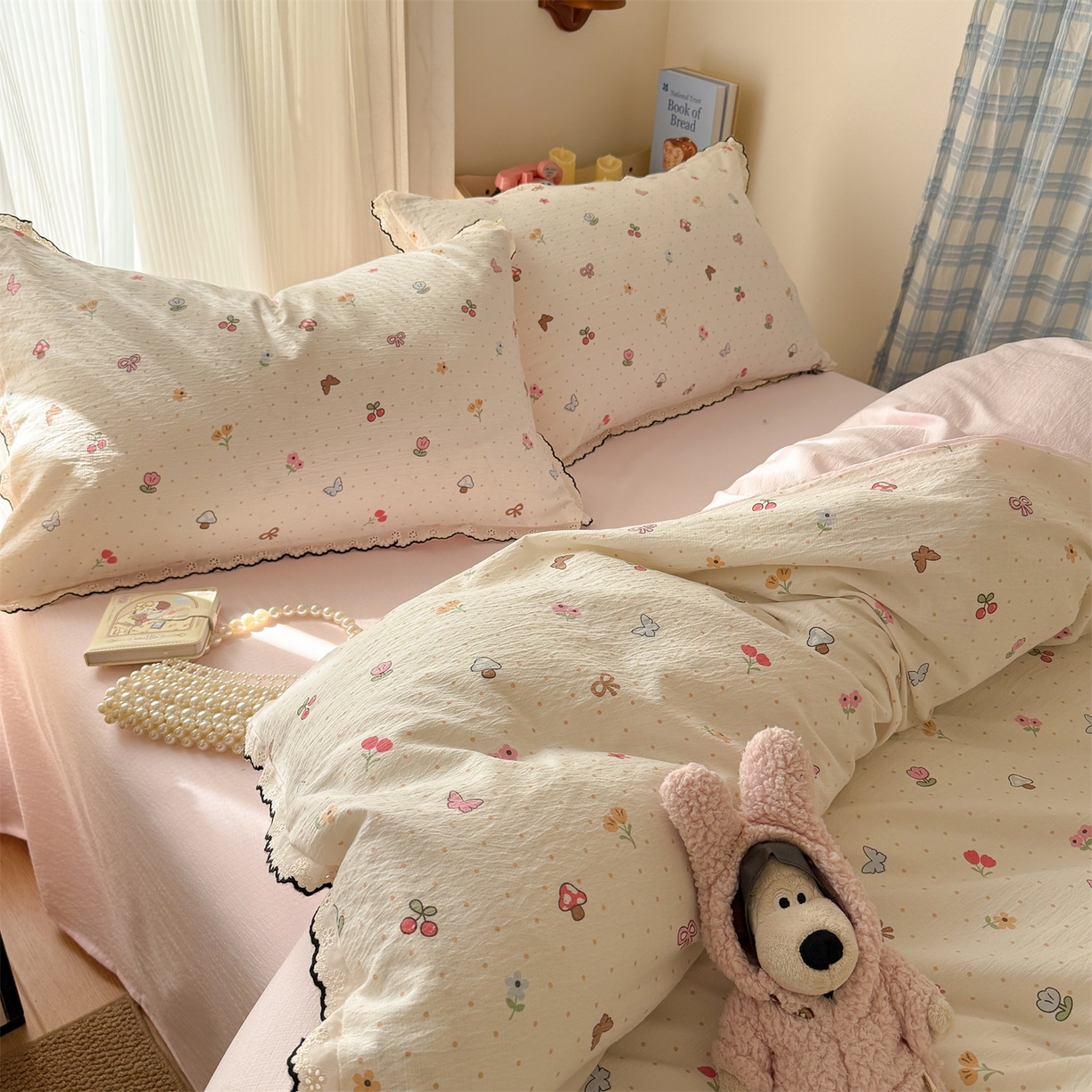 91家纺网 家纺一手货源 找家纺 温眠家纺 2026新款针织提花双层纱全棉蕾丝花边四件套 夏之物语