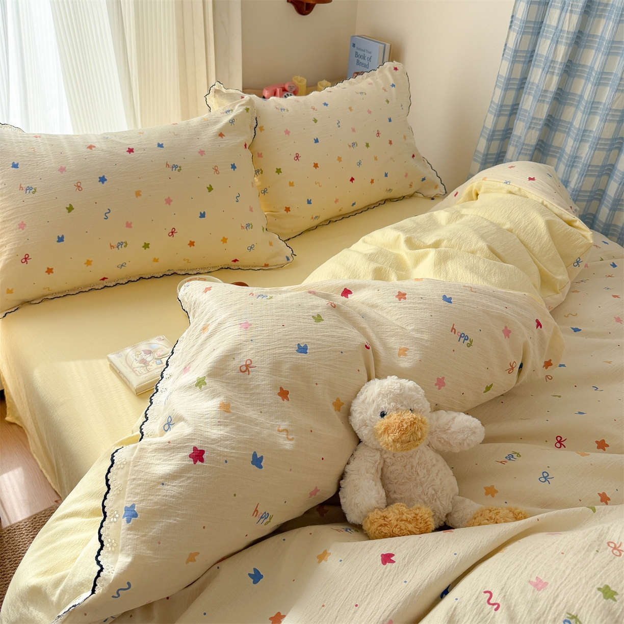 91家纺网 家纺一手货源 找家纺 温眠家纺 2026新款针织提花双层纱全棉蕾丝花边四件套 奶油芝士