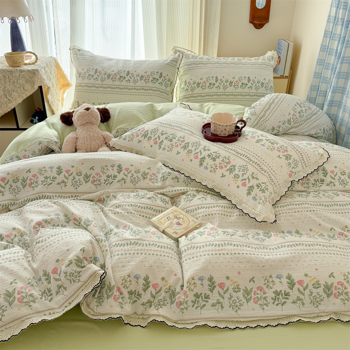 91家纺网 家纺一手货源 找家纺 温眠家纺 2026新款针织提花双层纱全棉蕾丝花边四件套 藤蔓