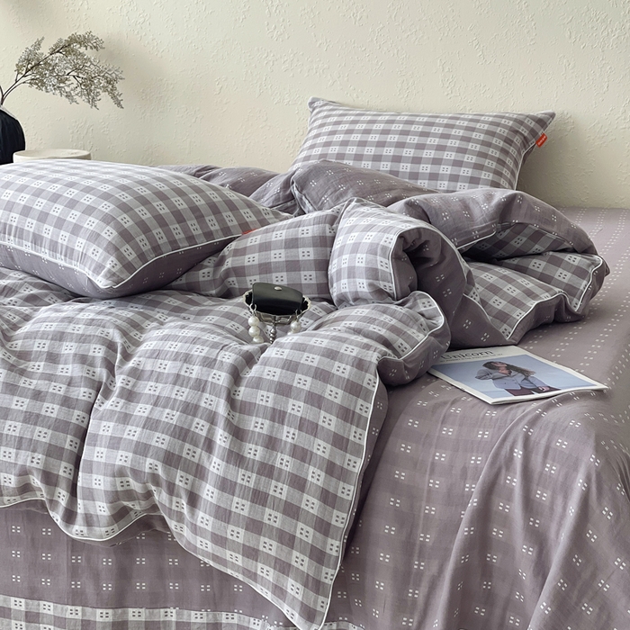 91家纺网 家纺一手货源 找家纺 春皖家纺 2026新款提花双层纱纯棉全棉四件套 思柔-烟灰