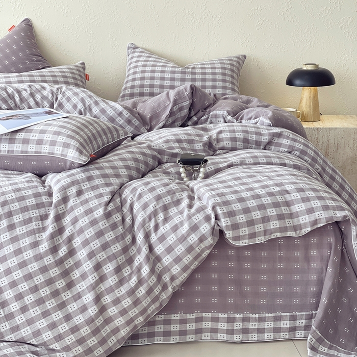 91家纺网 家纺一手货源 找家纺 春皖家纺 2026新款提花双层纱纯棉全棉四件套 思柔-烟灰