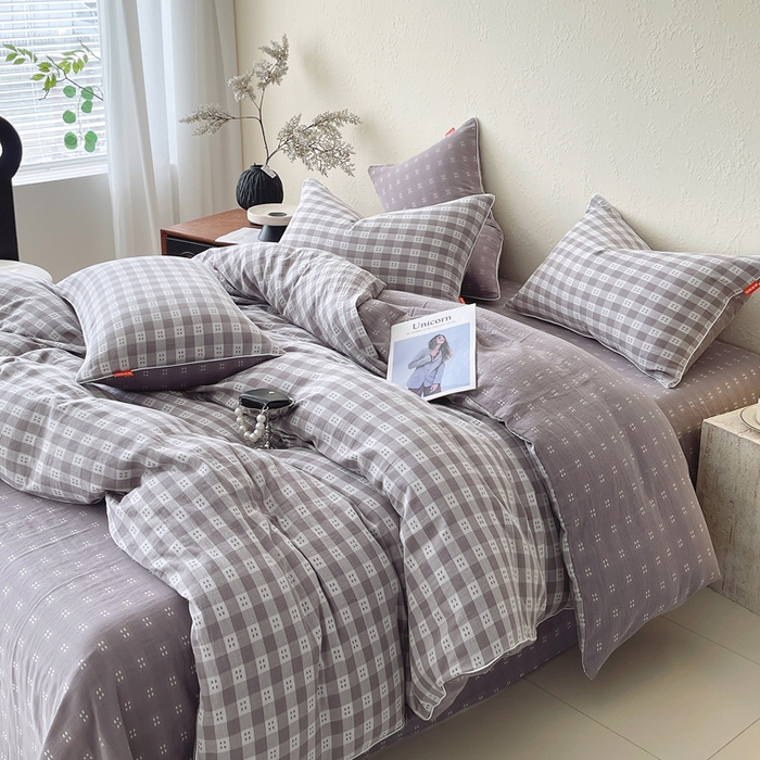 91家纺网 家纺一手货源 找家纺 春皖家纺 2026新款提花双层纱纯棉全棉四件套 思柔-烟灰