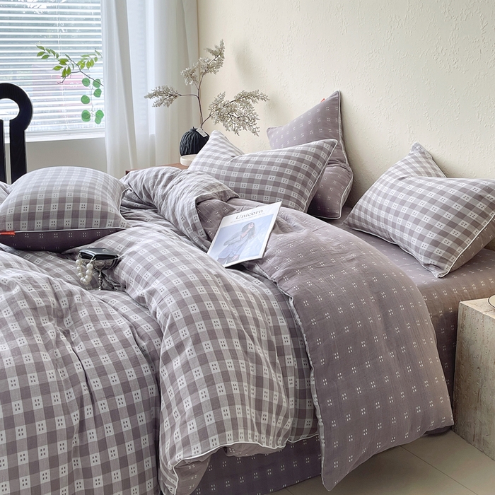 91家纺网 家纺一手货源 找家纺 春皖家纺 2026新款提花双层纱纯棉全棉四件套 思柔-烟灰