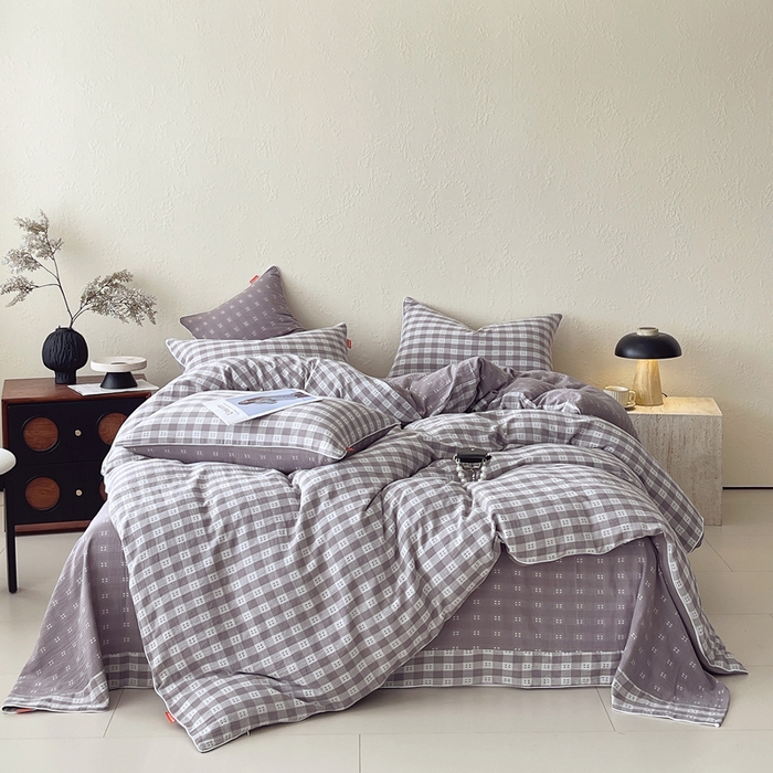 91家纺网 家纺一手货源 找家纺 春皖家纺 2026新款提花双层纱纯棉全棉四件套 思柔-烟灰