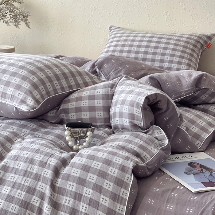 91家纺网 家纺一手货源 找家纺 春皖家纺 2026新款提花双层纱纯棉全棉四件套 思柔-烟灰