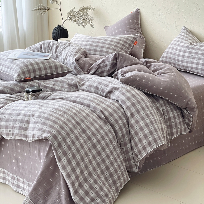 91家纺网 家纺一手货源 找家纺 春皖家纺 2026新款提花双层纱纯棉全棉四件套 思柔-烟灰