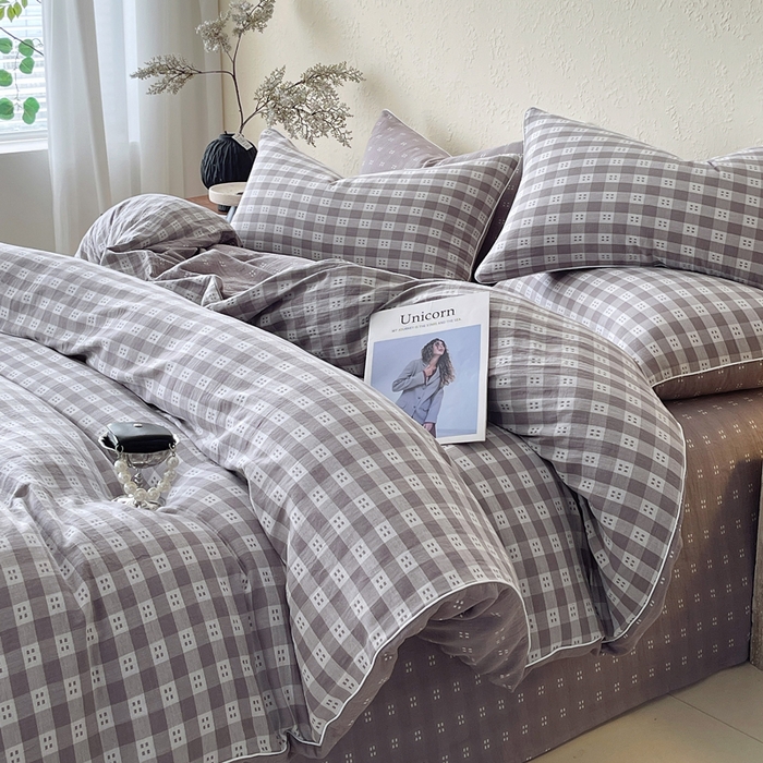 91家纺网 家纺一手货源 找家纺 春皖家纺 2026新款提花双层纱纯棉全棉四件套 思柔-烟灰