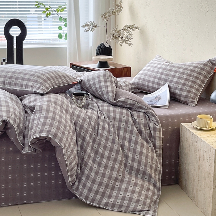 91家纺网 家纺一手货源 找家纺 春皖家纺 2026新款提花双层纱纯棉全棉四件套 思柔-烟灰