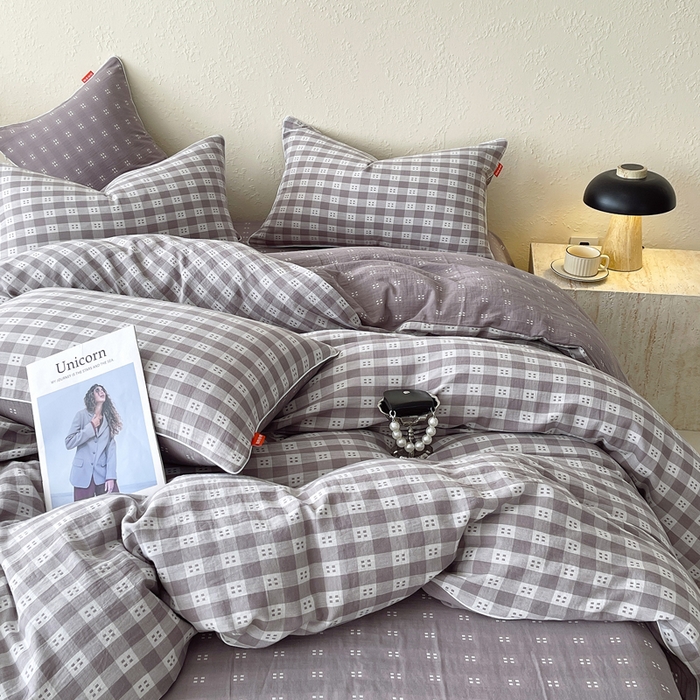 91家纺网 家纺一手货源 找家纺 春皖家纺 2026新款提花双层纱纯棉全棉四件套 思柔-烟灰