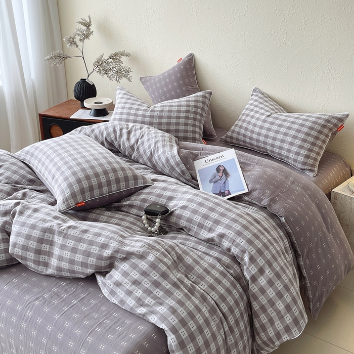 91家纺网 家纺一手货源 找家纺 春皖家纺 2026新款提花双层纱纯棉全棉四件套 思柔-烟灰