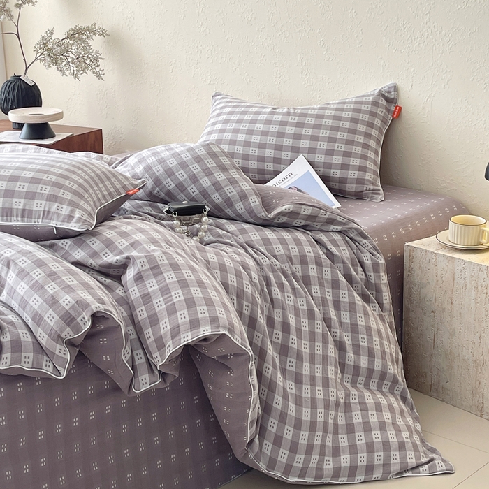 91家纺网 家纺一手货源 找家纺 春皖家纺 2026新款提花双层纱纯棉全棉四件套 思柔-烟灰