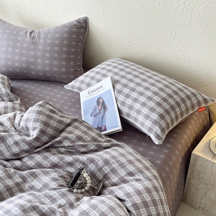 91家纺网 家纺一手货源 找家纺 春皖家纺 2026新款提花双层纱纯棉全棉四件套 思柔-烟灰