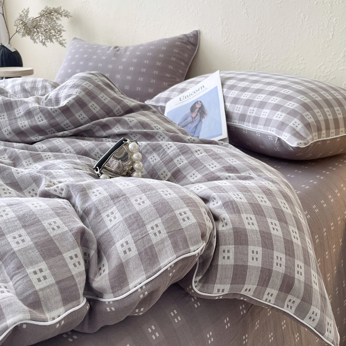 91家纺网 家纺一手货源 找家纺 春皖家纺 2026新款提花双层纱纯棉全棉四件套 思柔-烟灰