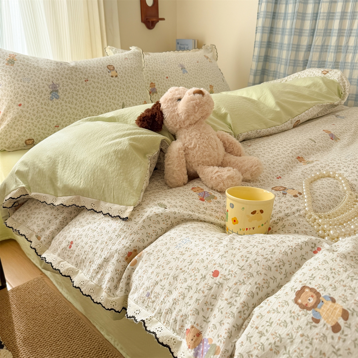 91家纺网 家纺一手货源 找家纺 温眠家纺 2026新款针织提花双层纱全棉蕾丝花边四件套 软萌可可