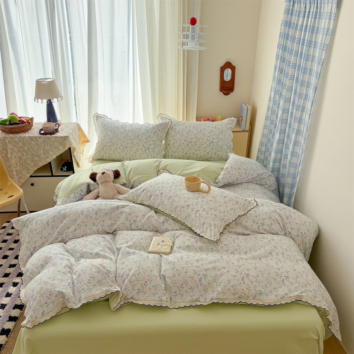 91家纺网 家纺一手货源 找家纺 温眠家纺 2026新款针织提花双层纱全棉蕾丝花边四件套 枝芽