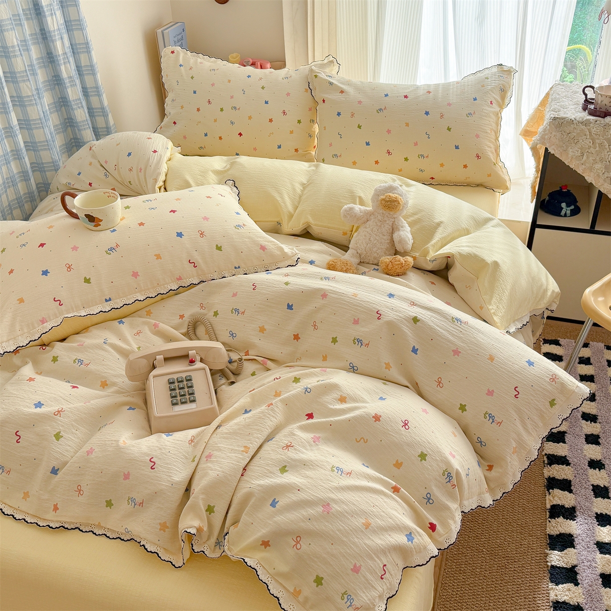 温眠家纺 2026新款针织提花双层纱全棉蕾丝花边四件套 奶油芝士