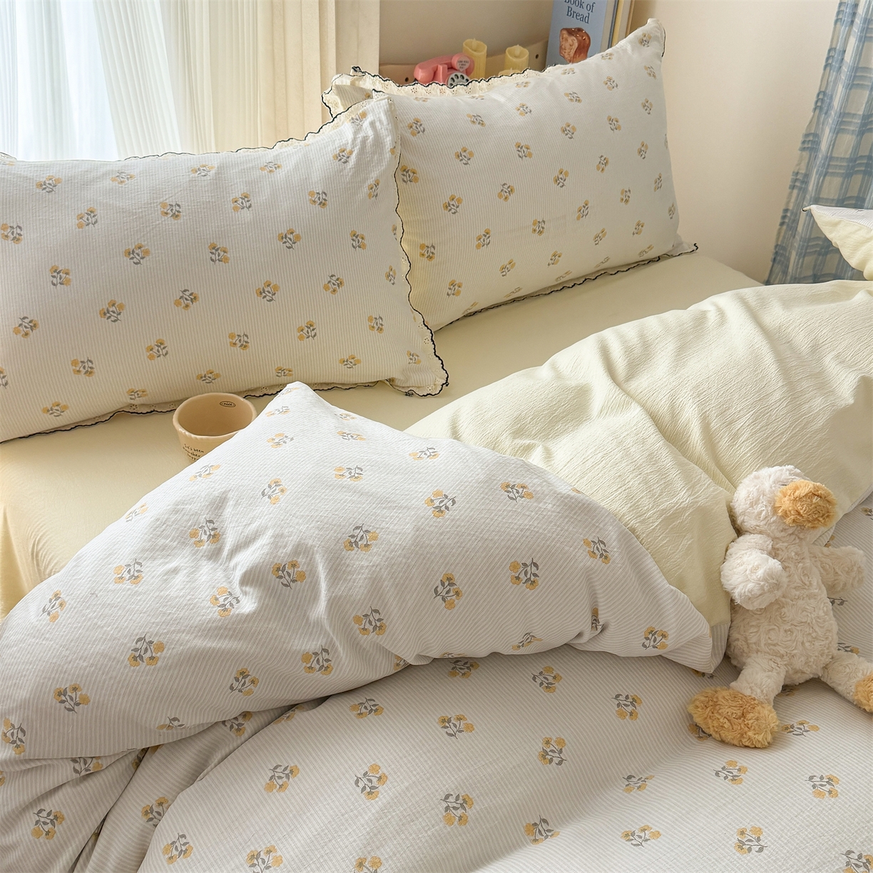 91家纺网 家纺一手货源 找家纺 温眠家纺 2026新款针织提花双层纱全棉蕾丝花边四件套 秋之恋