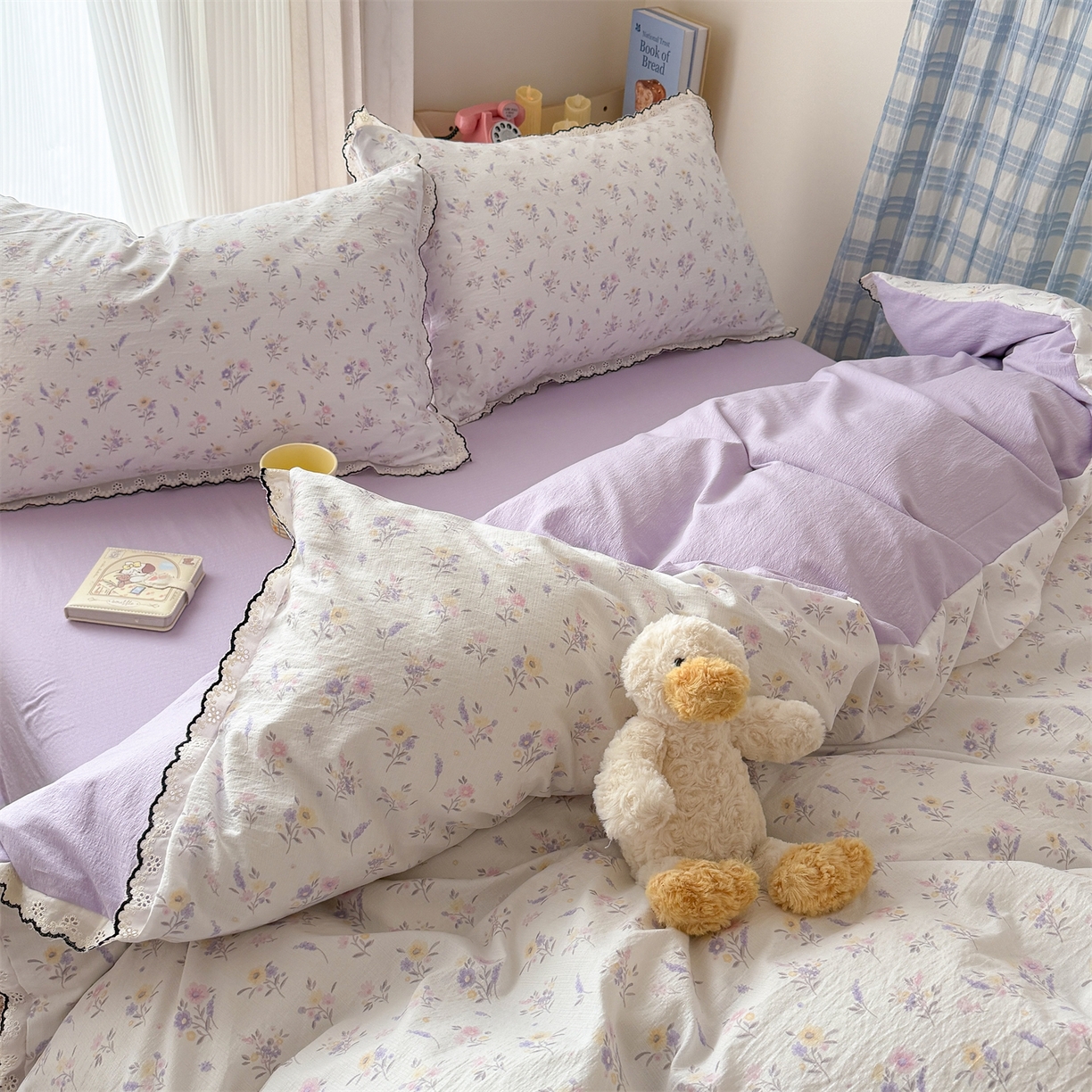 91家纺网 家纺一手货源 找家纺 温眠家纺 2026新款针织提花双层纱全棉蕾丝花边四件套 薰衣草