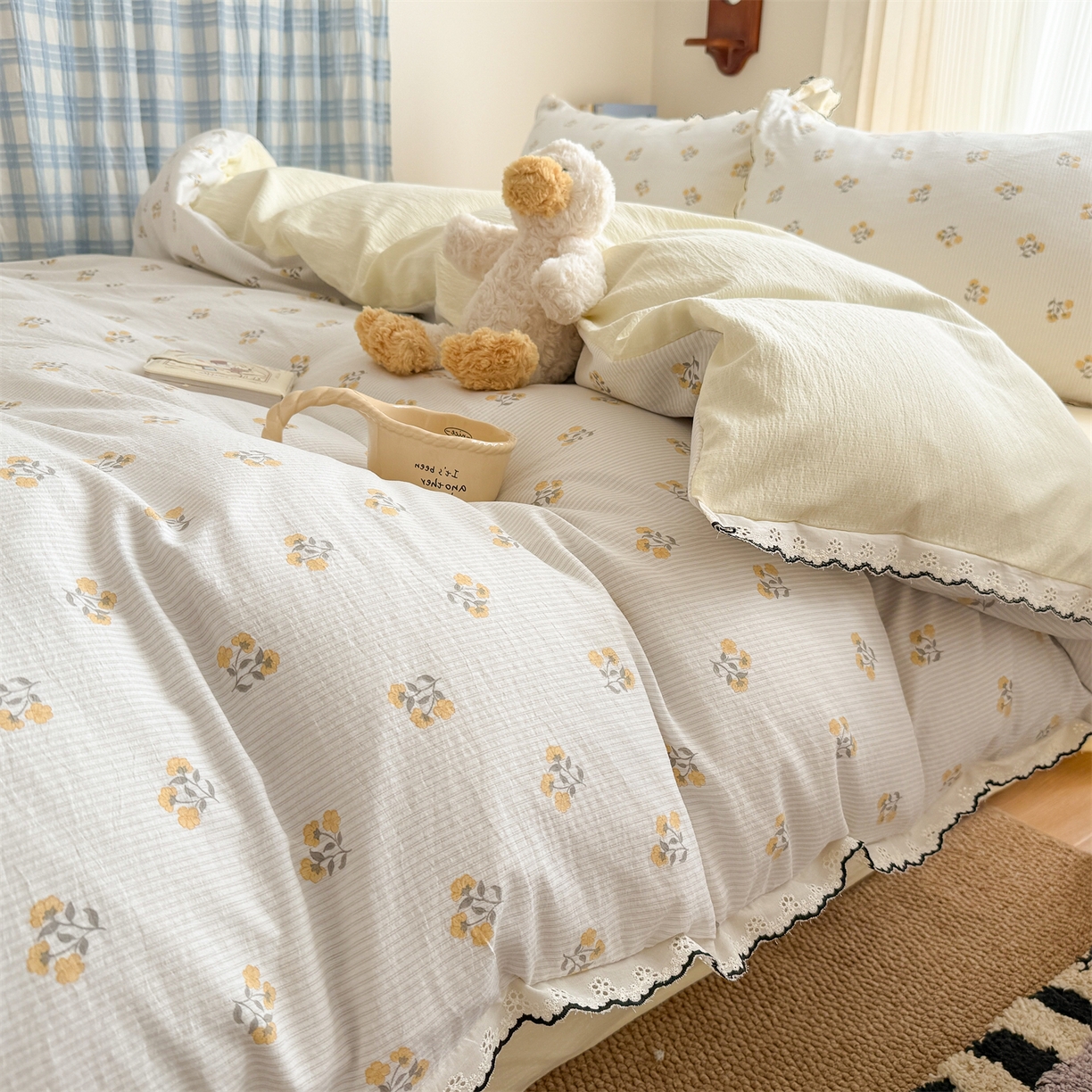 91家纺网 家纺一手货源 找家纺 温眠家纺 2026新款针织提花双层纱全棉蕾丝花边四件套 秋之恋