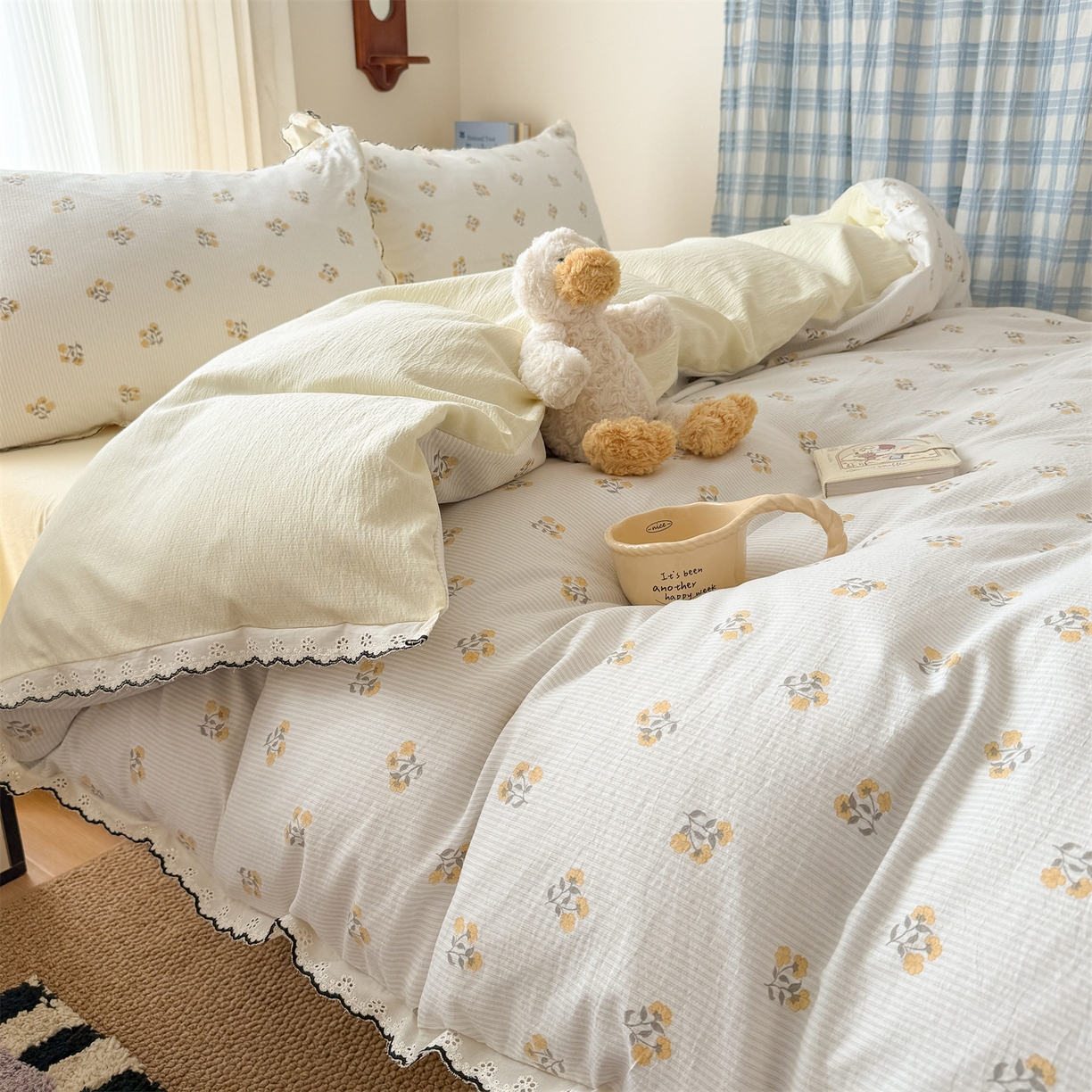 91家纺网 家纺一手货源 找家纺 温眠家纺 2026新款针织提花双层纱全棉蕾丝花边四件套 秋之恋