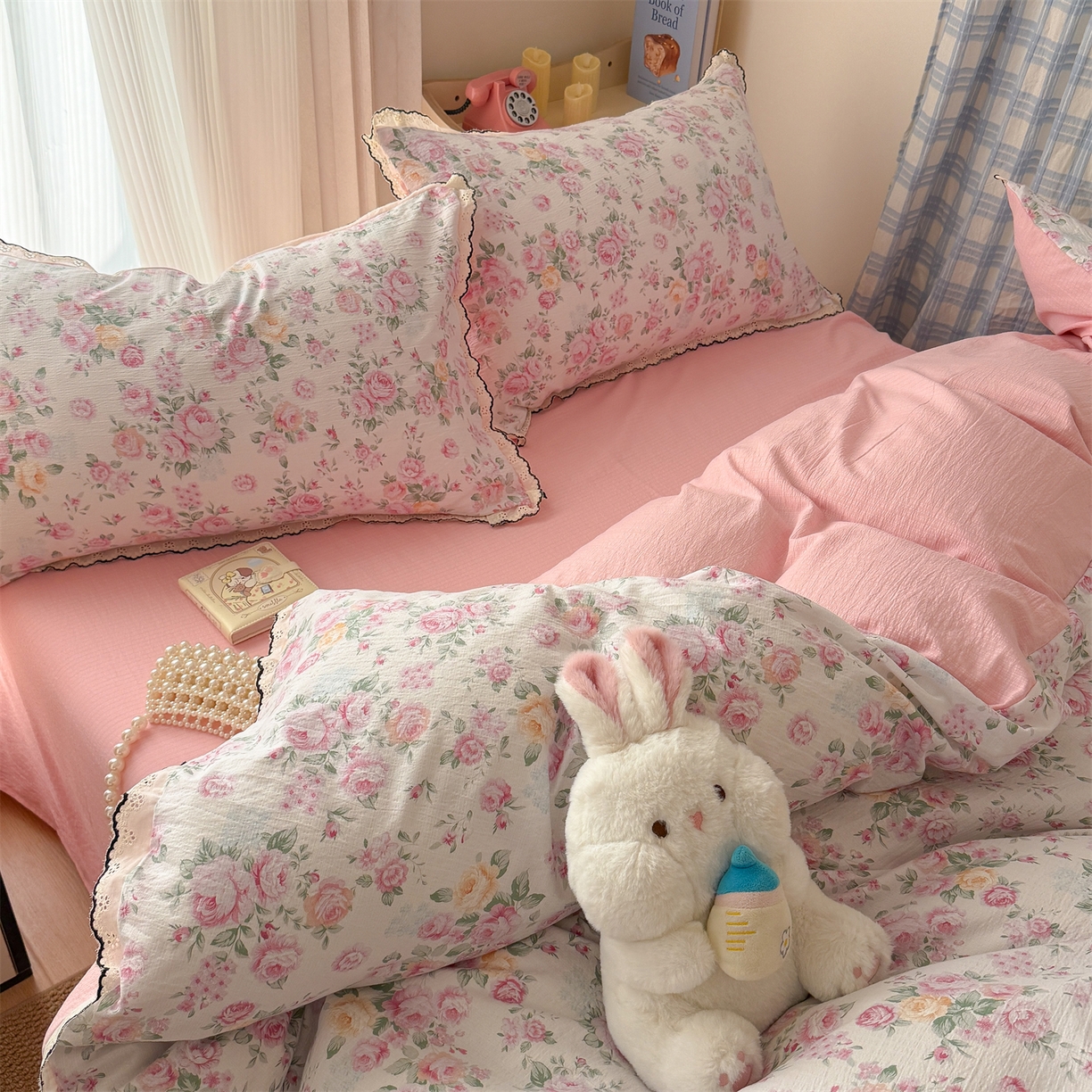 91家纺网 家纺一手货源 找家纺 温眠家纺 2026新款针织提花双层纱全棉蕾丝花边四件套 阳光花絮