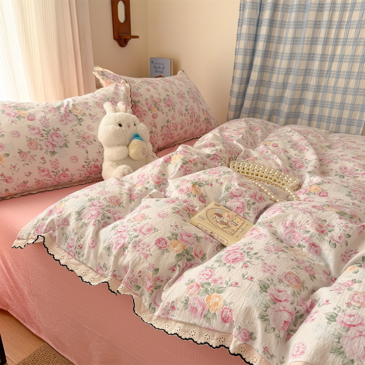 91家纺网 家纺一手货源 找家纺 温眠家纺 2026新款针织提花双层纱全棉蕾丝花边四件套 阳光花絮