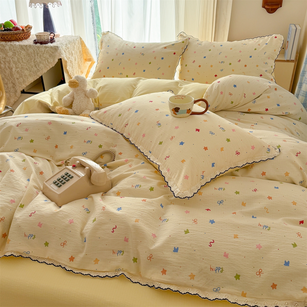 91家纺网 家纺一手货源 找家纺 温眠家纺 2026新款针织提花双层纱全棉蕾丝花边四件套 奶油芝士