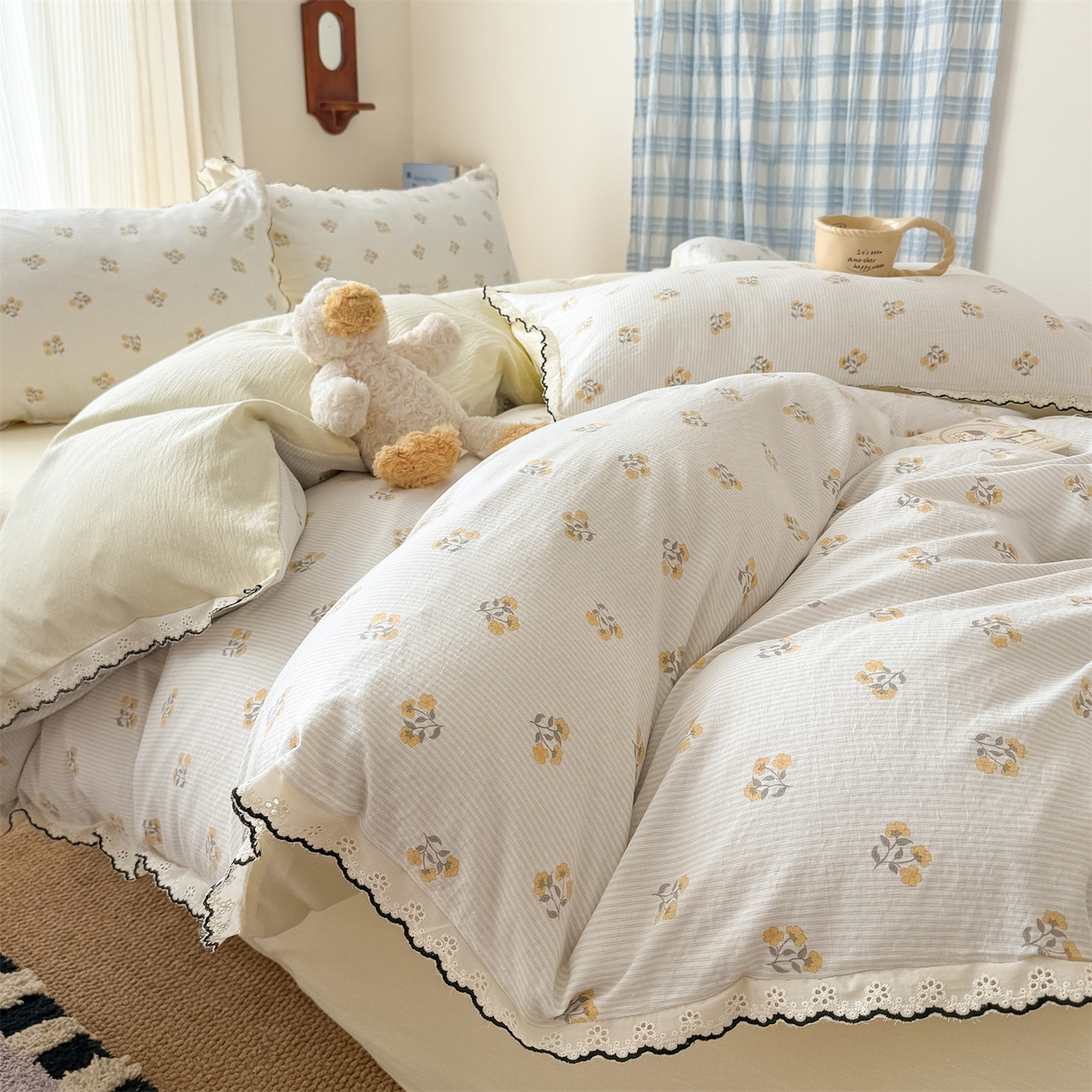 91家纺网 家纺一手货源 找家纺 温眠家纺 2026新款针织提花双层纱全棉蕾丝花边四件套 秋之恋