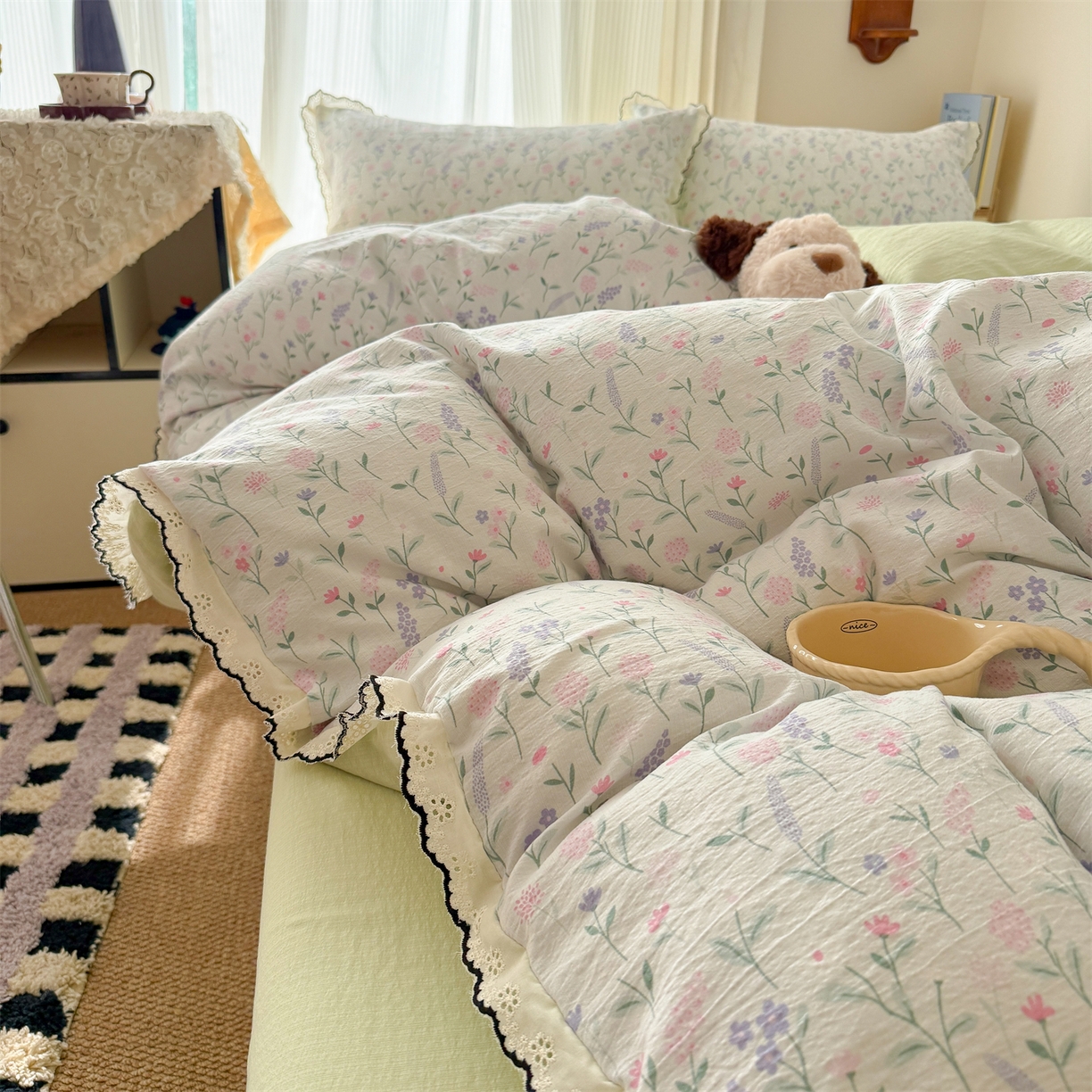 91家纺网 家纺一手货源 找家纺 温眠家纺 2026新款针织提花双层纱全棉蕾丝花边四件套 枝芽