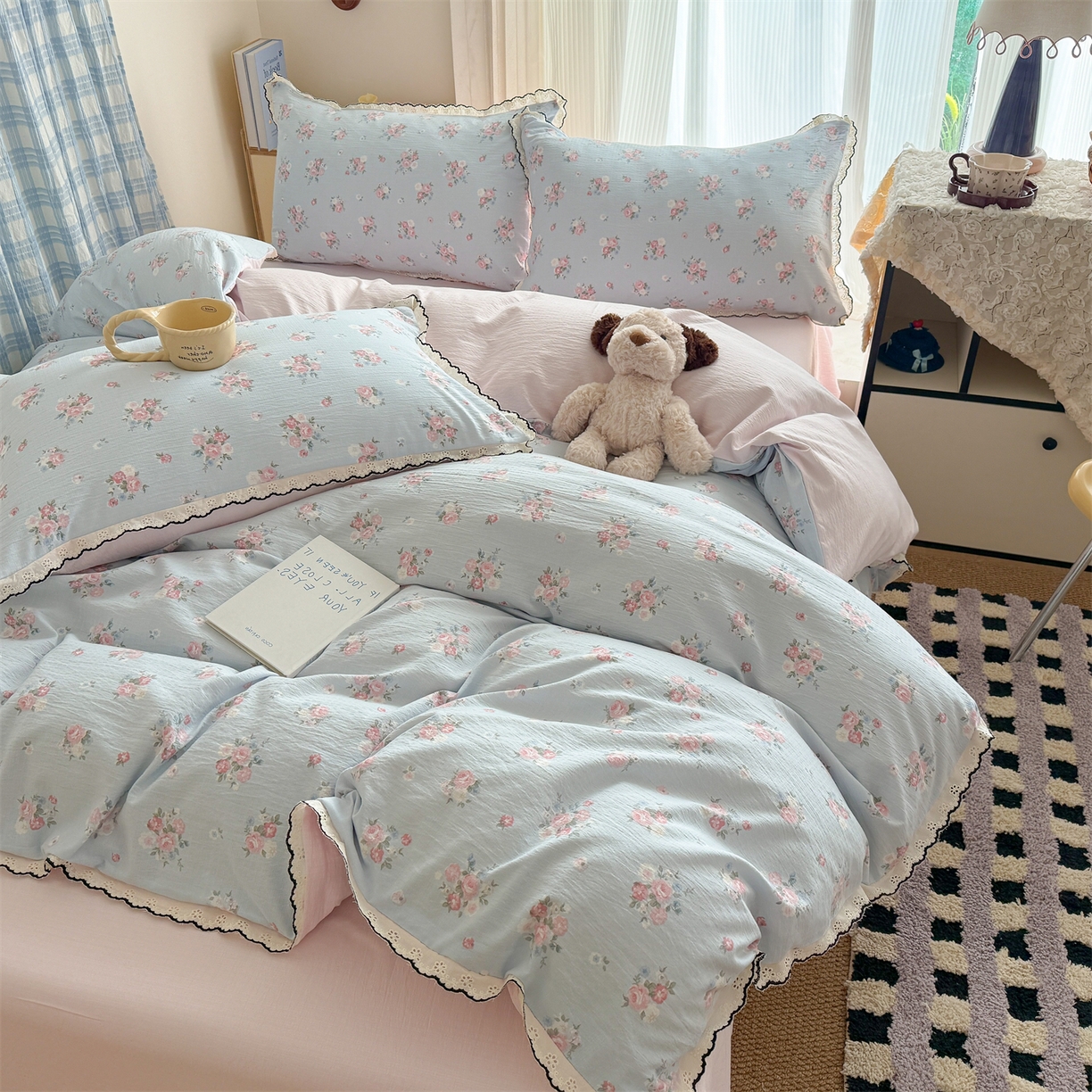 温眠家纺 2026新款针织提花双层纱全棉蕾丝花边四件套 蓝萱