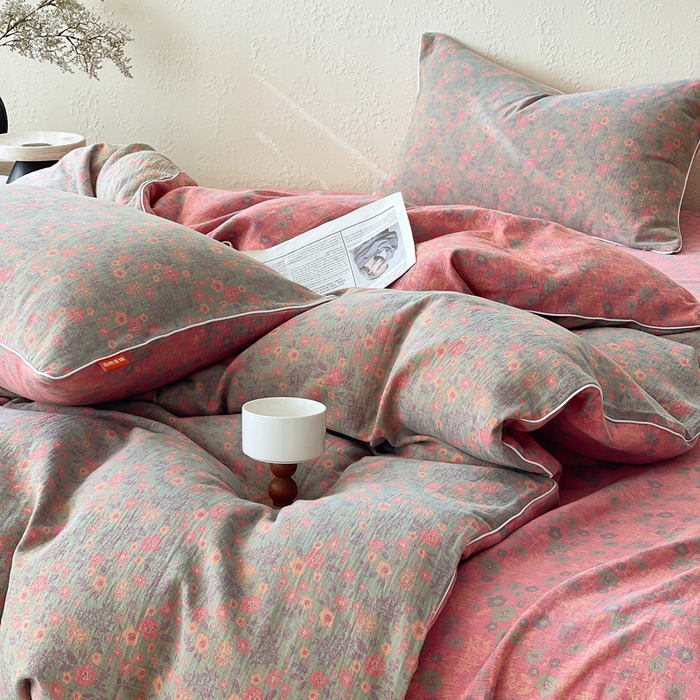 91家纺网 家纺一手货源 找家纺 春皖家纺 2026新款提花双层纱纯棉全棉四件套 惜梦-绿粉