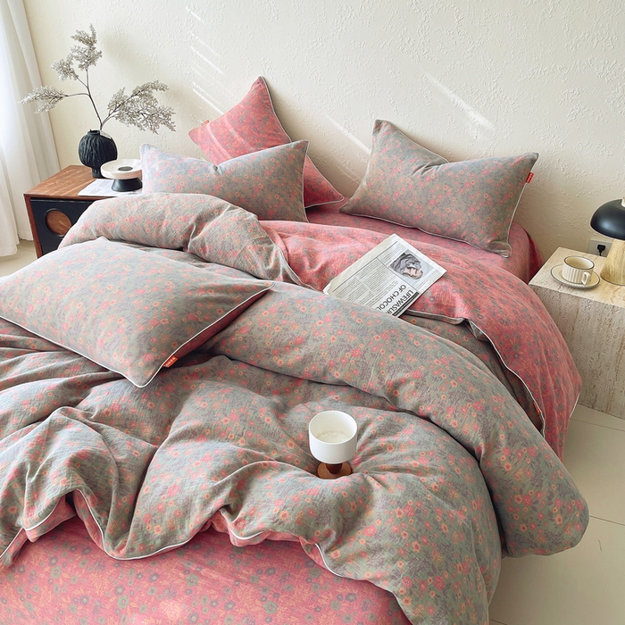 91家纺网 家纺一手货源 找家纺 春皖家纺 2026新款提花双层纱纯棉全棉四件套 惜梦-绿粉