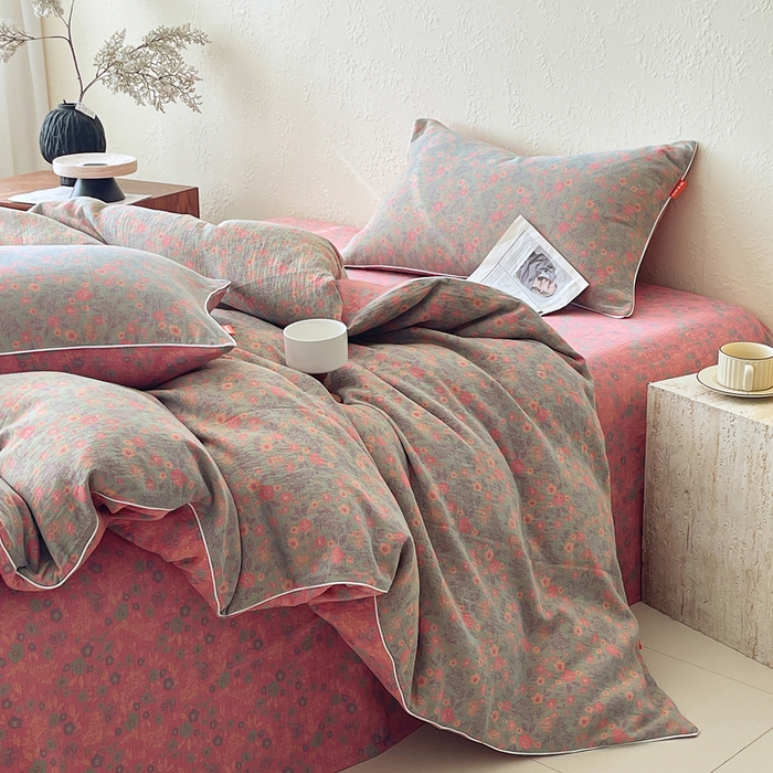 91家纺网 家纺一手货源 找家纺 春皖家纺 2026新款提花双层纱纯棉全棉四件套 惜梦-绿粉