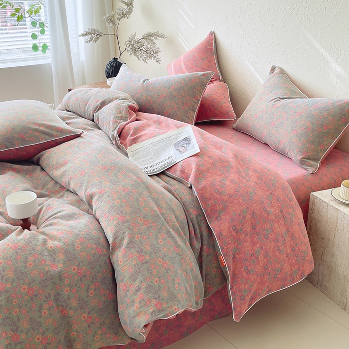 91家纺网 家纺一手货源 找家纺 春皖家纺 2026新款提花双层纱纯棉全棉四件套 惜梦-绿粉