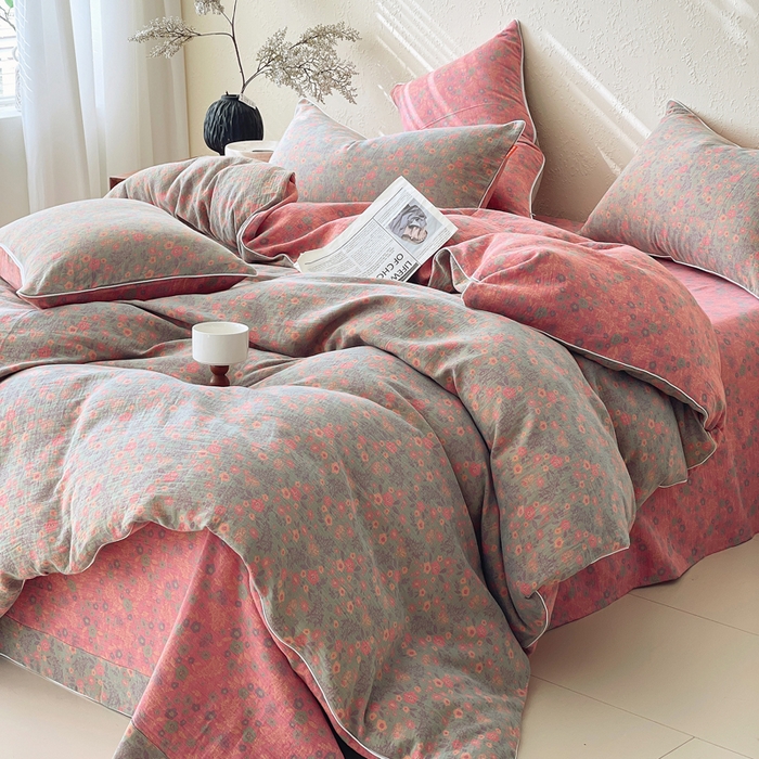 91家纺网 家纺一手货源 找家纺 春皖家纺 2026新款提花双层纱纯棉全棉四件套 惜梦-绿粉