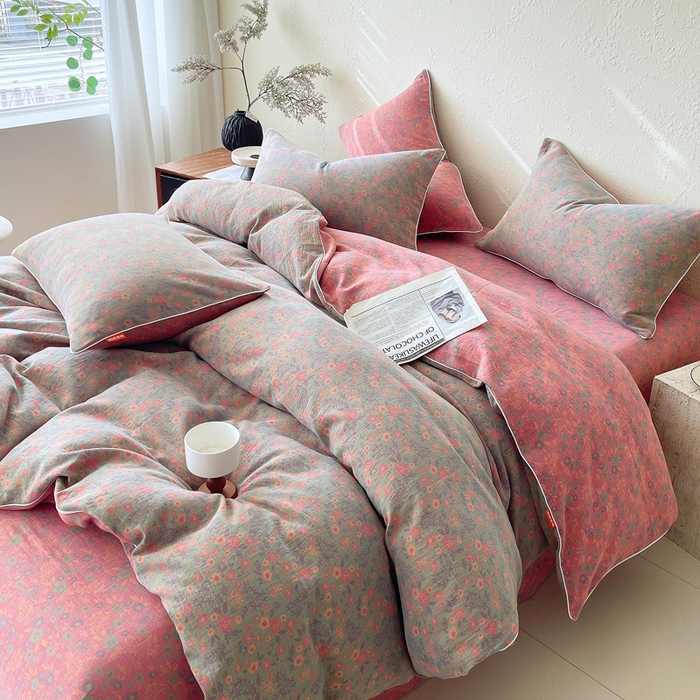 91家纺网 家纺一手货源 找家纺 春皖家纺 2026新款提花双层纱纯棉全棉四件套 惜梦-绿粉