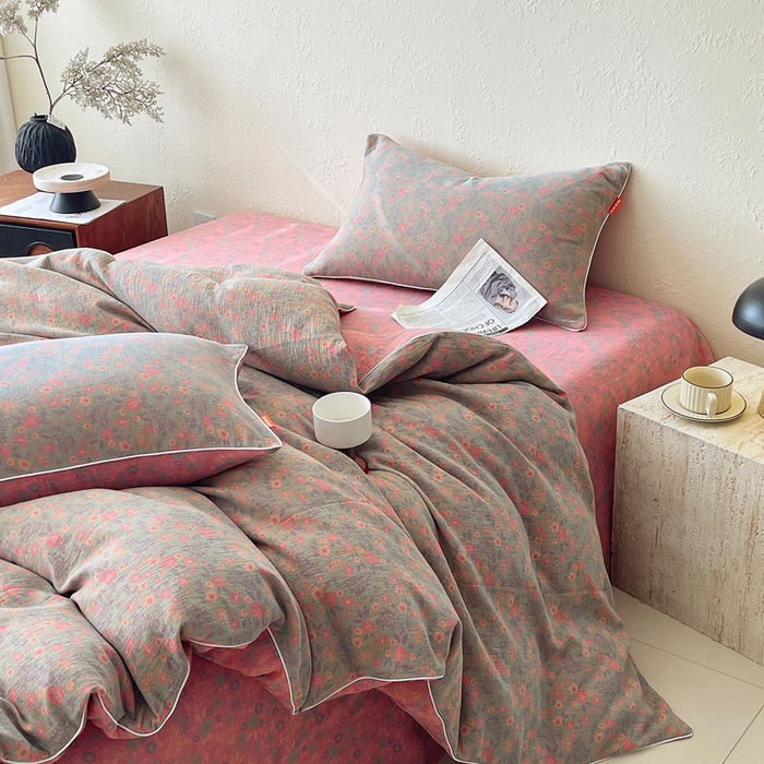 91家纺网 家纺一手货源 找家纺 春皖家纺 2026新款提花双层纱纯棉全棉四件套 惜梦-绿粉