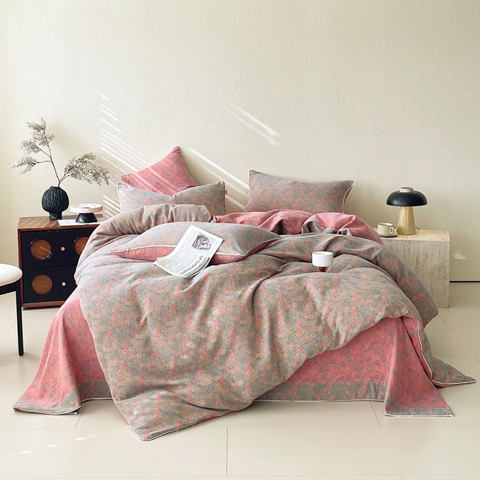 91家纺网 家纺一手货源 找家纺 春皖家纺 2026新款提花双层纱纯棉全棉四件套 惜梦-绿粉