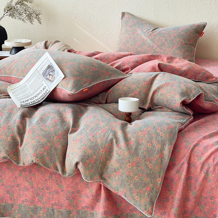 91家纺网 家纺一手货源 找家纺 春皖家纺 2026新款提花双层纱纯棉全棉四件套 惜梦-绿粉