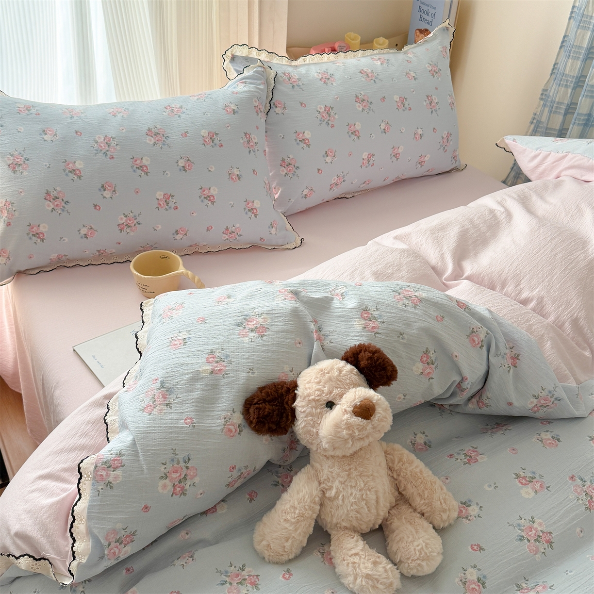 91家纺网 家纺一手货源 找家纺 温眠家纺 2026新款针织提花双层纱全棉蕾丝花边四件套 蓝萱