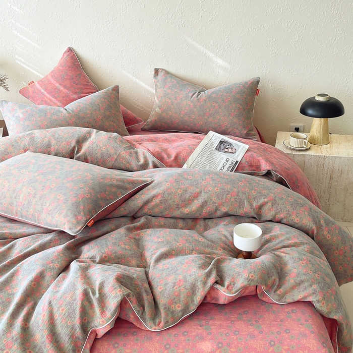 91家纺网 家纺一手货源 找家纺 春皖家纺 2026新款提花双层纱纯棉全棉四件套 惜梦-绿粉