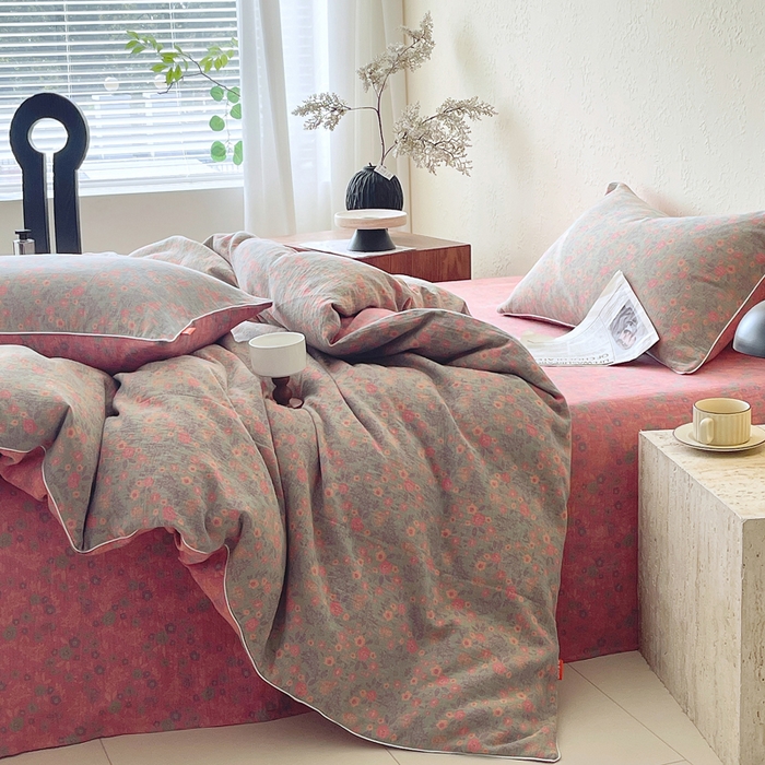 91家纺网 家纺一手货源 找家纺 春皖家纺 2026新款提花双层纱纯棉全棉四件套 惜梦-绿粉