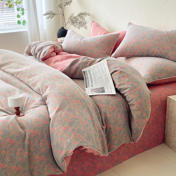 91家纺网 家纺一手货源 找家纺 春皖家纺 2026新款提花双层纱纯棉全棉四件套 惜梦-绿粉