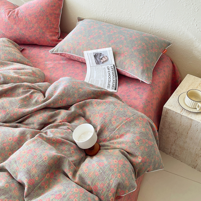 91家纺网 家纺一手货源 找家纺 春皖家纺 2026新款提花双层纱纯棉全棉四件套 惜梦-绿粉