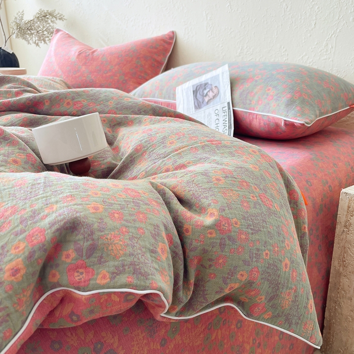 91家纺网 家纺一手货源 找家纺 春皖家纺 2026新款提花双层纱纯棉全棉四件套 惜梦-绿粉