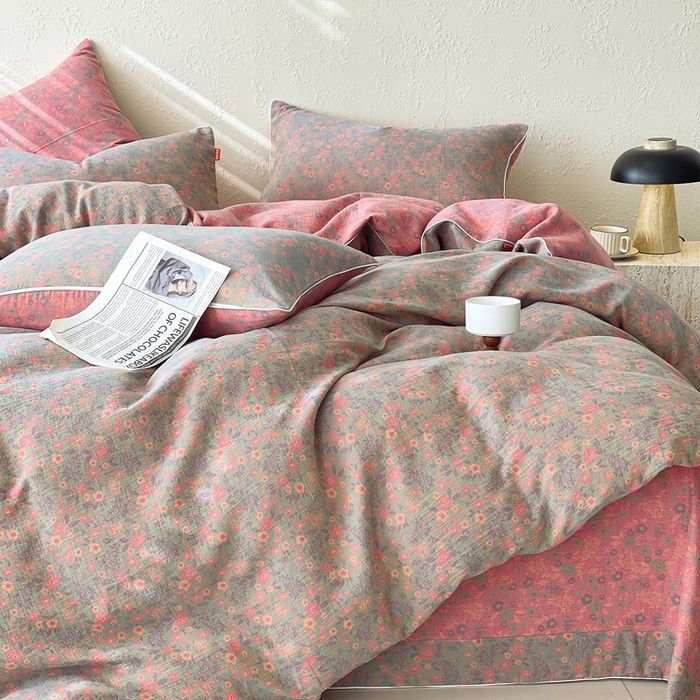 91家纺网 家纺一手货源 找家纺 春皖家纺 2026新款提花双层纱纯棉全棉四件套 惜梦-绿粉