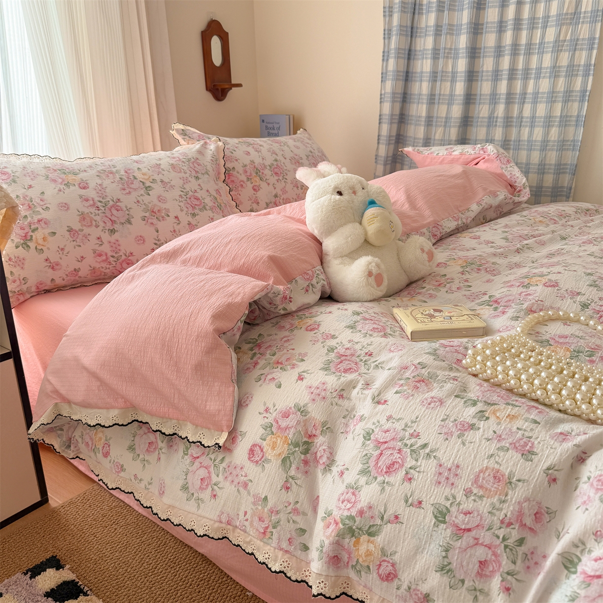 91家纺网 家纺一手货源 找家纺 温眠家纺 2026新款针织提花双层纱全棉蕾丝花边四件套 阳光花絮